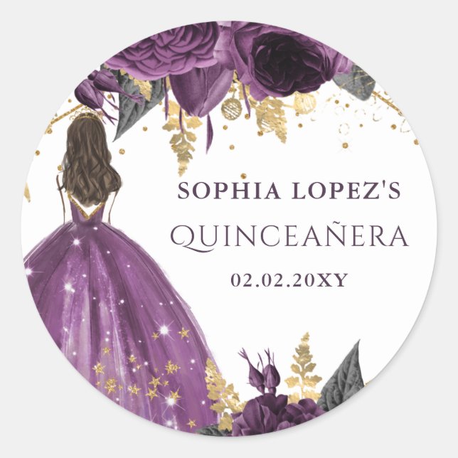 Sticker Rond Fleur de princesse Quinceanera or violet  (Devant)