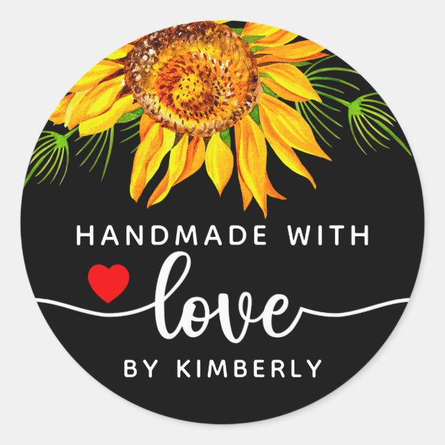 Sticker Rond Fleur de tournesol fait main avec amour noir (Devant)