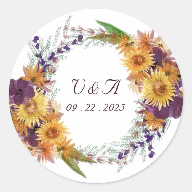 Sticker Rond Fleur de tournesol jaune rose floral, couronne de  (Devant)