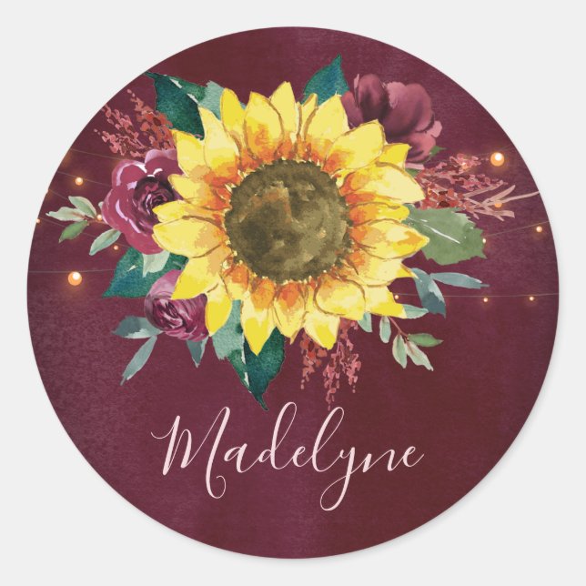 Sticker Rond Fleur de tournesol Lumières Floral Bourgogne Nom (Devant)