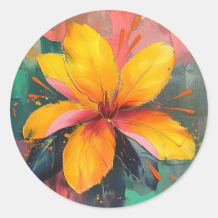 Sticker Rond Fleur Dorée – Expression Florale Abstraite Vibrant