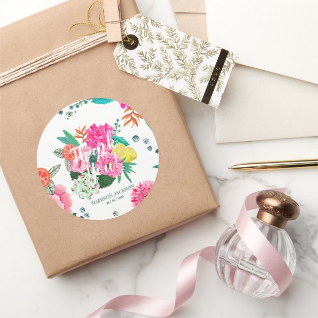 Sticker Rond Fleur et fruits d'été brillants merci (Cadeaux)