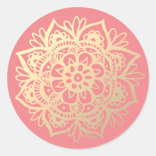 Sticker Rond Fleur Mandala or et rose