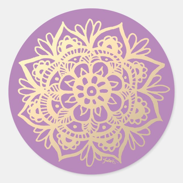 Sticker Rond Fleur Mandala or et violet (Devant)