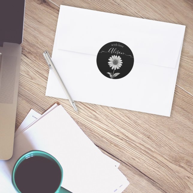 Sticker Rond Fleur marguerite noire et blanche (Créateur téléchargé)