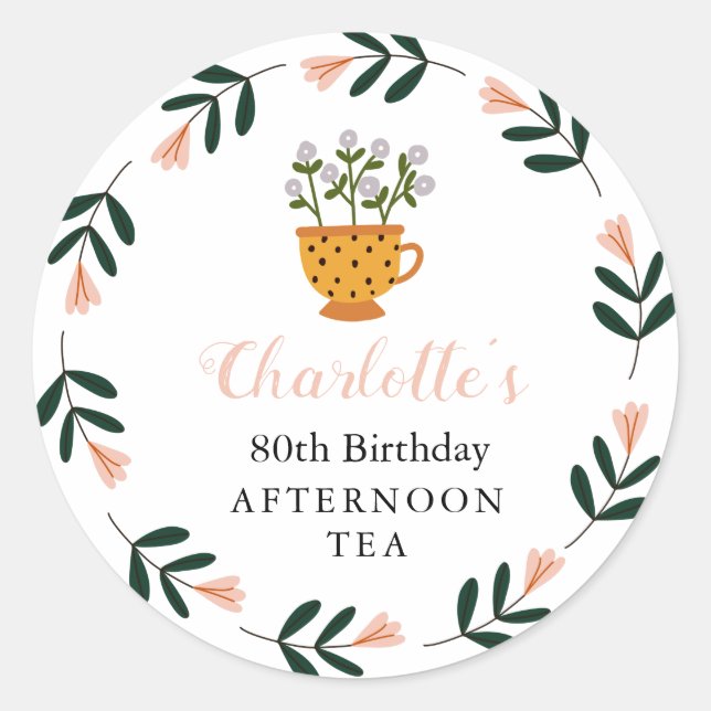 Sticker Rond Fleur moderne après-midi Thé Anniversaire Faveurs (Devant)