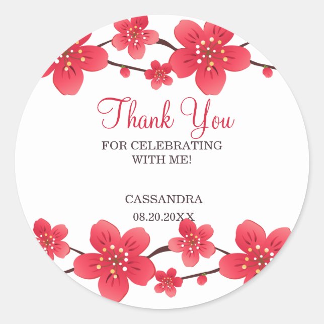 Sticker Rond Fleur moderne rouge cerise fleurs Sakura Merci (Devant)