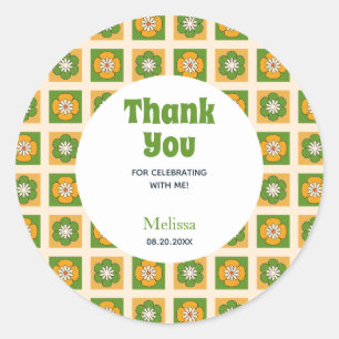 Sticker Rond Fleur Retro Daisy À damiers Merci vert
