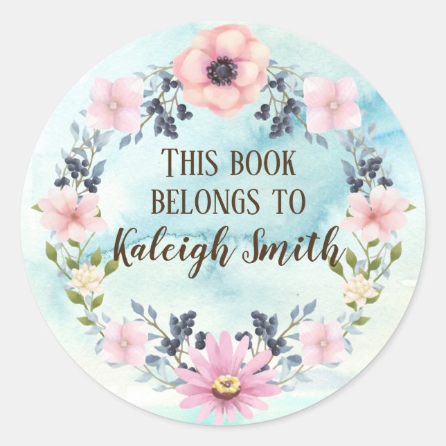 Sticker Rond Fleur rose Bleu Berry Wreath Aquarelle Nom (Devant)