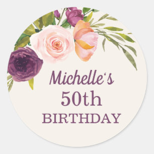 Sticker Rond Fleur rose blush violet Crème 50e anniversaire