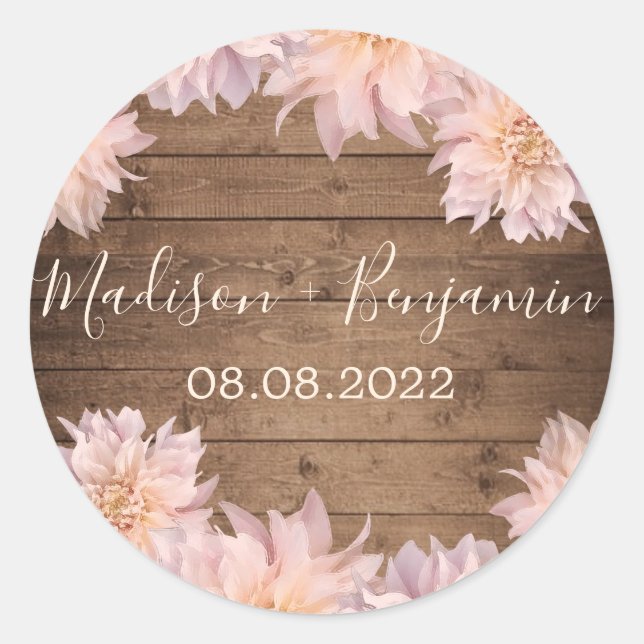 Sticker Rond Fleur rose Dahlia Mariage en bois rustique Date (Devant)