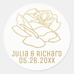 Sticker Rond fleur rose en faux or avec noms, blanc