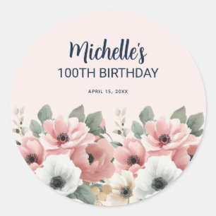 Sticker Rond Fleur rose et blanche aquarelle 100e anniversaire
