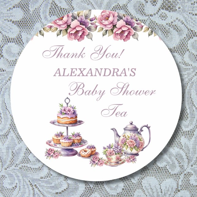 Sticker Rond Fleur rose Lilac Tea Party Baby shower Favoriser (Créateur téléchargé)
