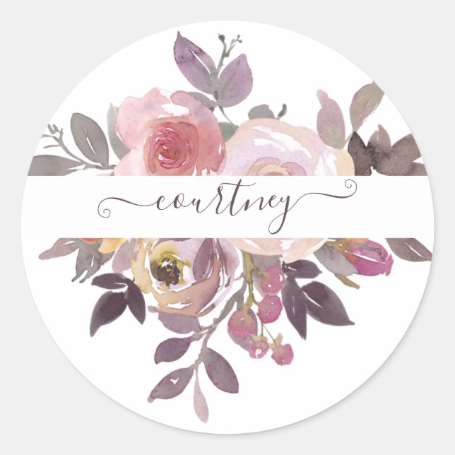Sticker Rond Fleur rose pastel et violet personnalisée (Devant)