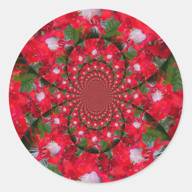 Sticker Rond Fleur Rouge Naturelle Blanc Plumes kaléidoscope ar (Devant)