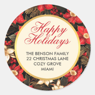 Sticker Rond Fleur Rouge Poinsettia Joyeuses Fêtes Noël