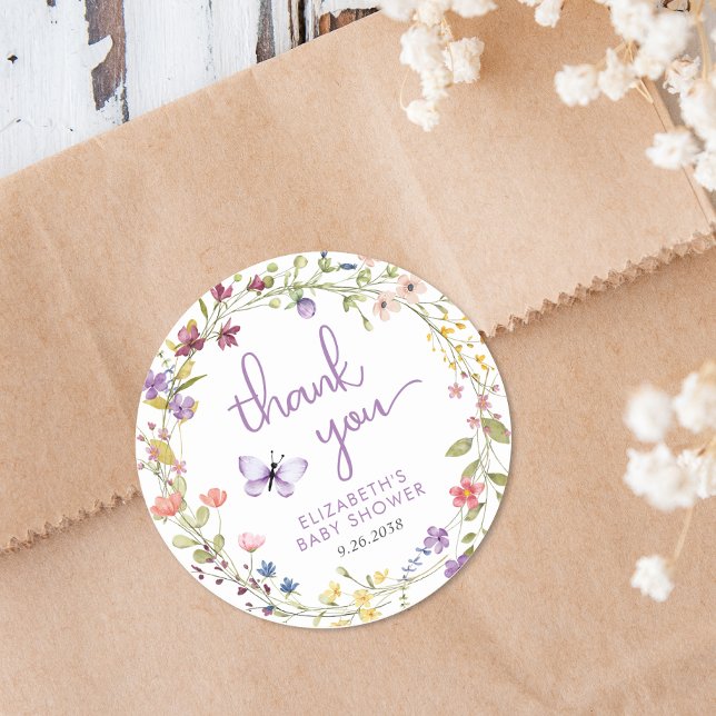 Sticker Rond Fleur sauvage Aquarelle bébé fille douche Merci (Créateur téléchargé)