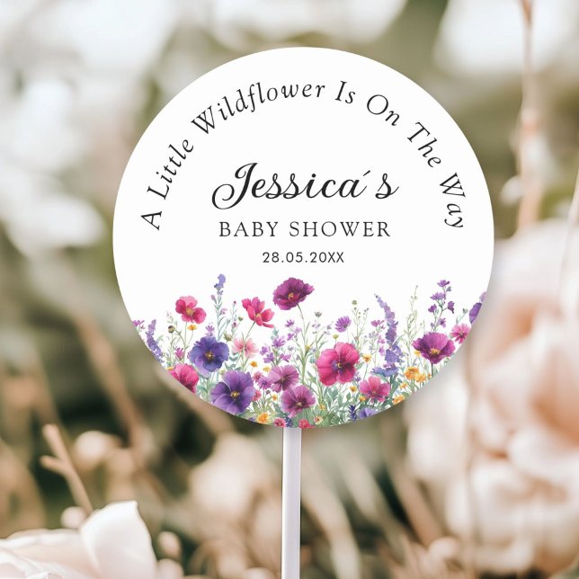 Sticker Rond Fleur sauvage, Baby shower à fleurs violettes (Personalized, Wildflower, Purple-Pink-Flower Baby Shower Classic Round Sticker with your Name & Date)