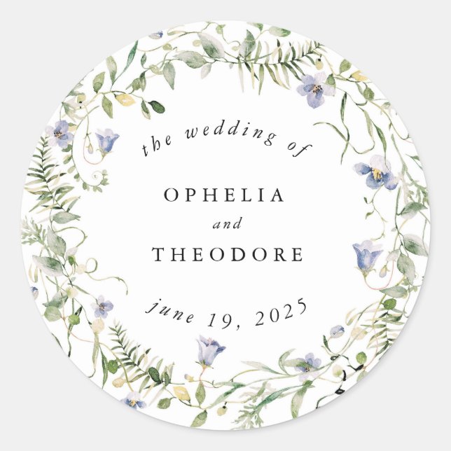 Sticker Rond Fleur sauvage Bleu Aquarelle Mariage Favoriser Mer (Devant)