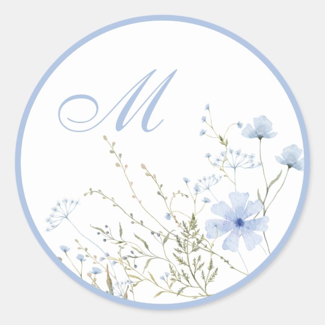 Sticker Rond Fleur sauvage bleu Monogramme Mariage Enveloppe Ph (Devant)