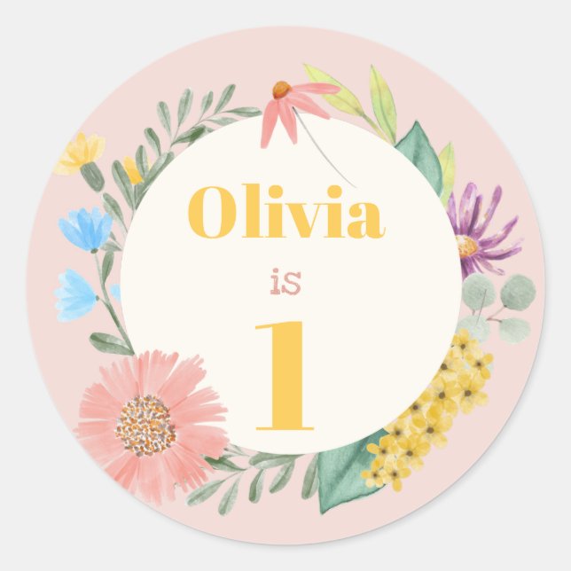 Sticker Rond Fleur sauvage d'aquarelle Wreath Premier anniversa (Devant)