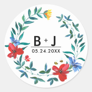 Sticker Rond Fleur sauvage d'été Mariage Monogramme 
