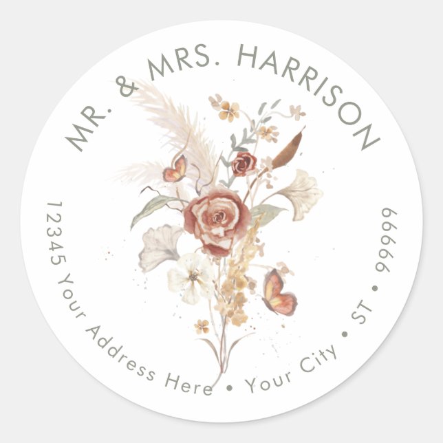 Sticker Rond Fleur sauvage Floral Automne Leaf BOHO Papillon Ma (Devant)