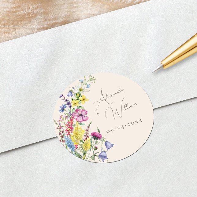 Sticker Rond Fleur sauvage Floral Boho Beige Mariage (Créateur téléchargé)