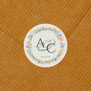 Sticker Rond Fleur sauvage moderne Russe Mariage Monogramme