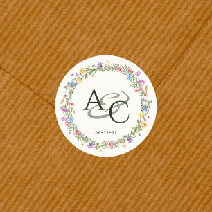 Sticker Rond Fleur sauvage moderne Russe Mariage Monogramme