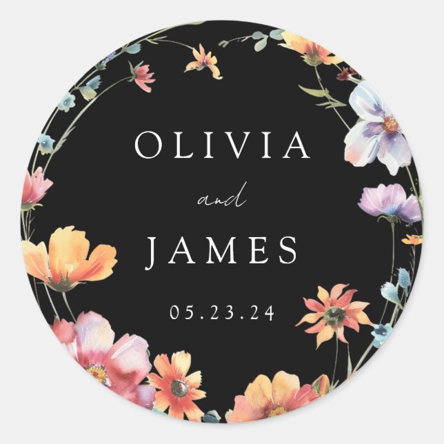 Sticker Rond Fleur sauvage noir Mariage d'été Wreath (Devant)