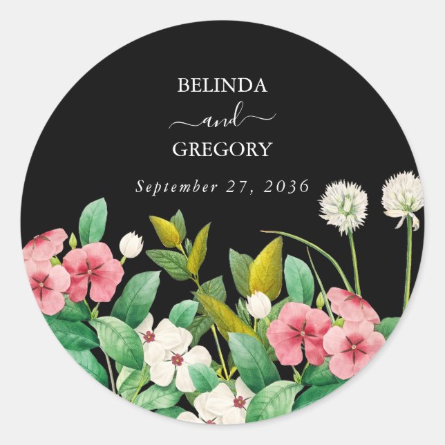 Sticker Rond Fleur sauvage Périwinkle Aquarelle Mariage noir (Devant)