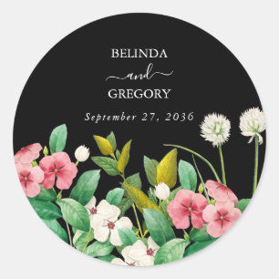 Sticker Rond Fleur sauvage Périwinkle Aquarelle Mariage noir