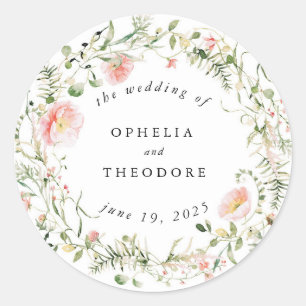 Sticker Rond Fleur sauvage rose Aquarelle Mariage Favoriser Mer