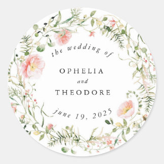 Sticker Rond Fleur sauvage rose Aquarelle Mariage Favoriser Mer