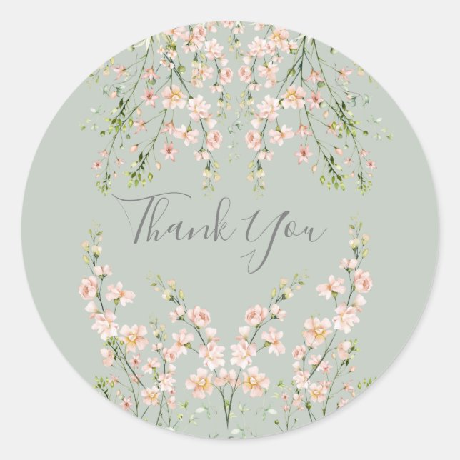 Sticker Rond Fleur sauvage rose pâle Sage vert Merci (Devant)
