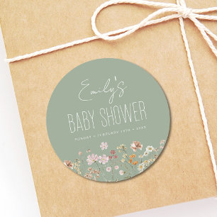 Sticker Rond Fleur sauvage Sage Green Baby shower Boho En Fleur