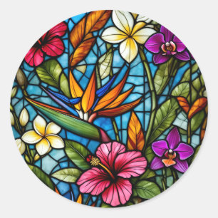 Sticker Rond Fleur tropicale en vitrail floral vibrant