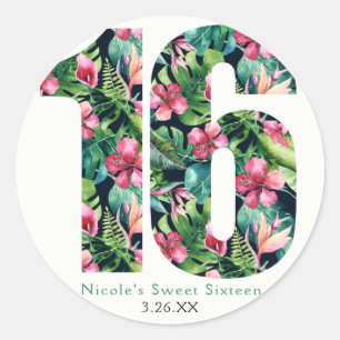 Sticker Rond Fleur tropicale Sweet 16 Hawaïen 16e anniversaire