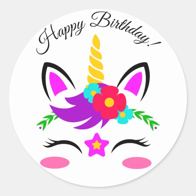 Sticker Rond Fleur Unicorne Rose violet mou Joyeux anniversaire (Devant)