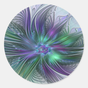 Sticker Rond Fleur verte abstraite moderne fractale violette