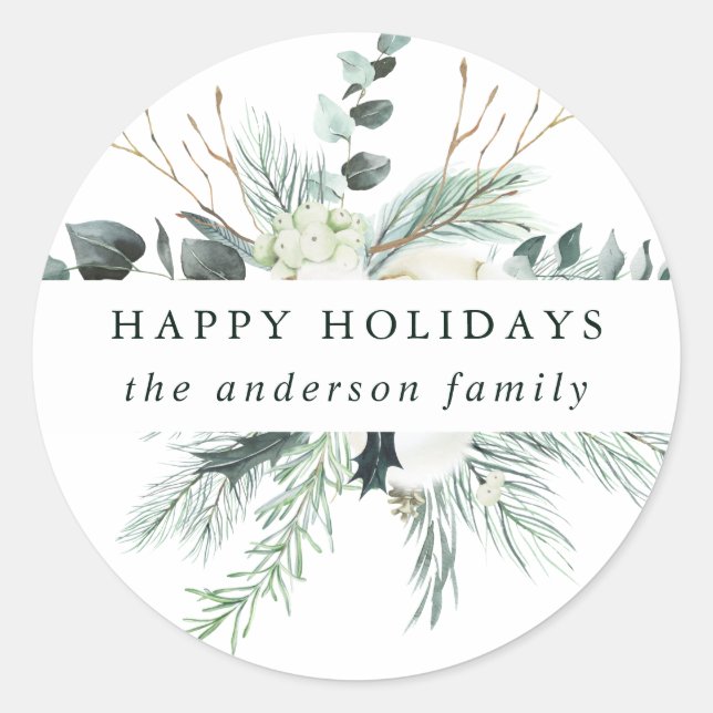 Sticker Rond Fleurs à feuillage persistant et coton Noël | Vaca (Devant)