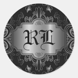 Sticker Rond Fleurs Abstraites Monogrammées Noir Et Argent