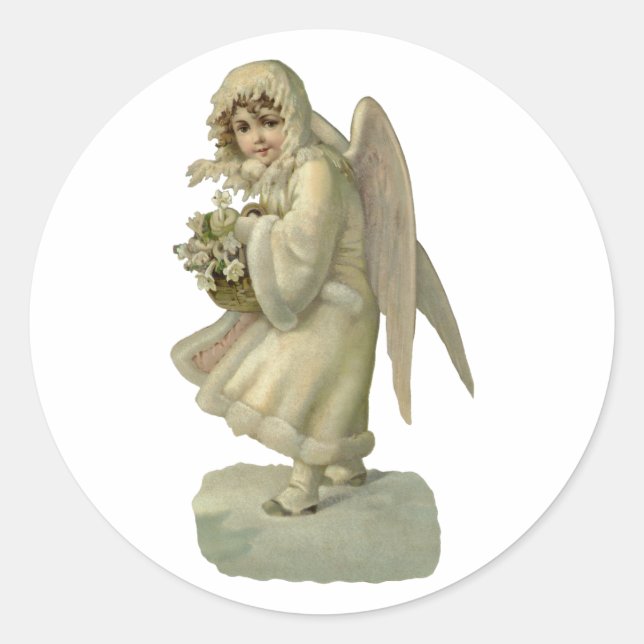 Sticker Rond Fleurs Anges de Noël Vintage, Découpe Victorienne (Devant)