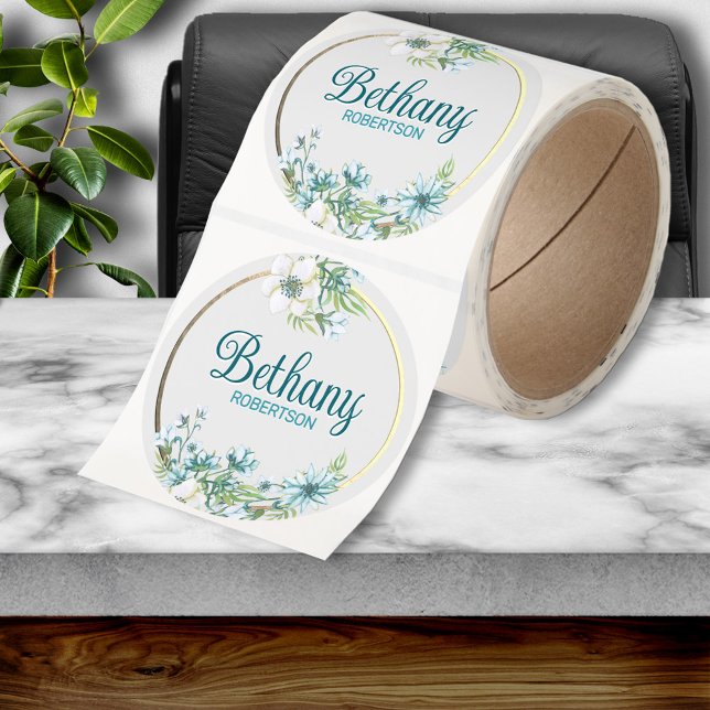 Sticker Rond Fleurs aquarelle avec accent de feuille d'or perso (Créateur téléchargé)