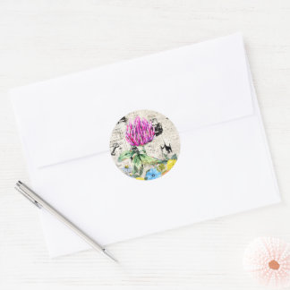 Sticker Rond Fleurs aquarelle, Fleur sauvage, journal Vintage