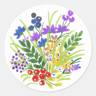 Sticker Rond Fleurs aquarelles bleu violet jaune Baie rouge