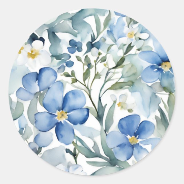 Sticker Rond Fleurs aquarelles bleues et blanches Chic (Devant)