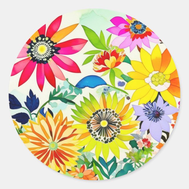 Sticker Rond Fleurs aquarelles en rose et jaune (Devant)